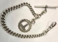 Graduated silver pocket watch chain with 'T' bar, snap and medallion c1900  8.5" - 22 grams