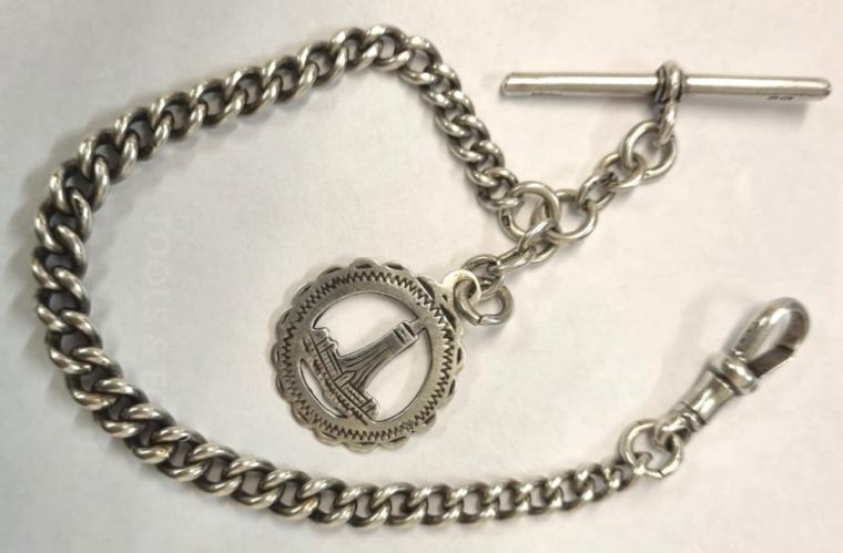 Early c20th silver graduated pocket watch chain with 'T' bar, snap and silver medallion c1900. Length 8.5" - weight 22 grams.