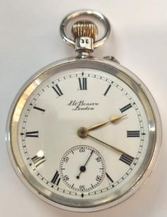 English J.W.Benson 'The Bank' pocket watch with top wind and pin set time change in a silver case with London hallmark for c1916. Signed white enamel dial with black Roman hours and gilt hands with subsidiary seconds dial at 6 o/clock. English signed 3/4 plate jewelled lever movement with split bi-metallic balance and numbered 40127 with that number repeated on the 'JWB' case back and complete with original red leather and blue plush velvet retail case.