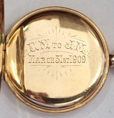 American Waltham Watch Co., full hunter presentation pocket watch in a 9ct gold Dennison case numbered 12317 and hallmarked for Birmingham c1907. Top wind and time change with inscribed outer case over a white enamel dial with black Roman hours and blued steel hands with a subsidiary seconds dial at 6 o/c. American Waltham 17 jewel adjusted jewelled lever movement with split bi-metallic balance and overcoil hairspring with micro-adjuster and numbered 16049715. The inner case cover recording a personal presentation on March 31st 1909.