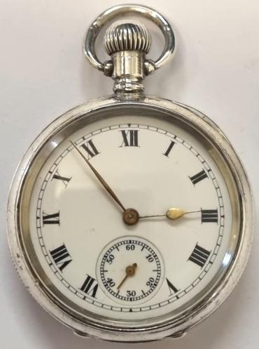 American Waltham fob/pocket watch with top wind and time change in a Dennison silver case hallmarked for Bristol c1912. White enamel dial with black Roman hours and gilt hands with a subsidiary seconds dial at 6 o/clock. AWW Waltham signed 15 jewel jewelled lever movement with micro-adjuster, split bi-metallic balance and overcoil hairspring and numbered 16953888 with the case back numbered 60994.