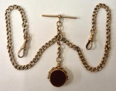  9ct rose gold double albert, 'T' bar, 2 snaps and stone set fob  18" - 21 grams.