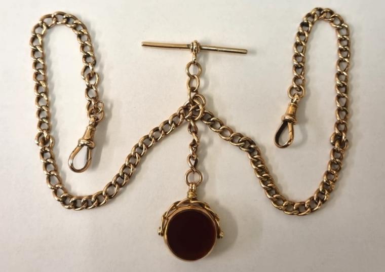 9ct rose gold ungraduated double albert with 'T' bar, 2 snaps and double sided rotating stone set fob hallmarked for Birmingham c1921.