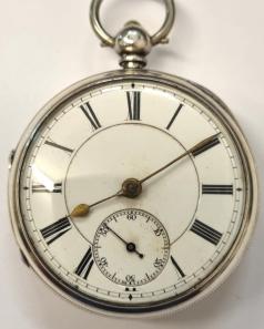 English silver cased fusee lever pocket watch by William Hope late W Alexander of Hexham hallmarked for Chester c1901. Key wind and time change with white enamel dial and black Roman hours with gilt hour and minute hands and subsidiary seconds dial. Full plate fusee movement with English jewelled lever escapement and numbered 12710, the silver case by Joseph Moore of Coventry and repeating the number 12710. Case diameter - 52mm.