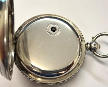 English silver cased fusee lever pocket watch by William Hope late W Alexander of Hexham hallmarked for Chester c1901. Key wind and time change with white enamel dial and black Roman hours with gilt hour and minute hands and subsidiary seconds dial. Full plate fusee movement with English jewelled lever escapement and numbered 12710, the silver case by Joseph Moore of Coventry and repeating the number 12710. Case diameter - 52mm.