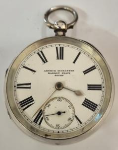 English full plate lever pocket watch by Arthur Dickinson of Market Place, Selby in a silver case hallmarked for Chester c1898 and numbered 77519. Key wind and time change with signed white enamel dial with black Roman hours and gilt hands with subsidiary seconds dial. Back plate signed and numbered 77519 with full plate lever movement with plain cock piece and split bi-metallic jewelled balance. Case Diameter - 54mm..
