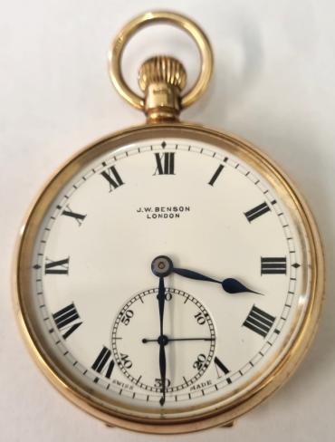 Swiss J.W.Benson of London pocket watch with top wind and time change in a 9ct gold Dennison case hallmarked for Birmingham c1928. Signed white enamelled dial with black Roman hours and blued steel hands with subsidiary seconds dial at 6o/c. Swiss made J.W.Benson signed 15 jewel jewelled lever movement with split bi-metallic balance and overcoil hairspring with Dennison case back numbered 441448 and complete with original presentation blue plush velvet case.