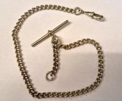 Early c20th nickel pocket watch chain with 'T' bar and snap  11"