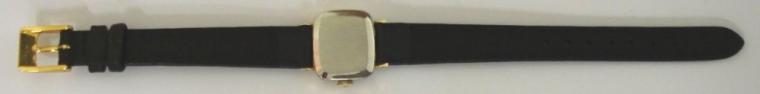 Ladies Tissot Stylist gold plated cased manual wind wrist watch on a black leather strap with gilt buckle. Matt gilt dial with black baton hour markers and matching black hands. Swiss signed Tissot 17 jewel movement numbered #12738037 with stainless steel  case back numbered 19182 - 03.