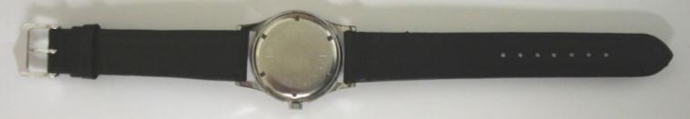 Swiss Ascalon wrist watch in chromed case with stainless steel back on a black leather strap with silvered buckle. Silvered textured dial with gilt arabic and baton hour markers, gilt luminous insert hands and sweep seconds. Swiss 17 jewel incabloc manual wind movement.