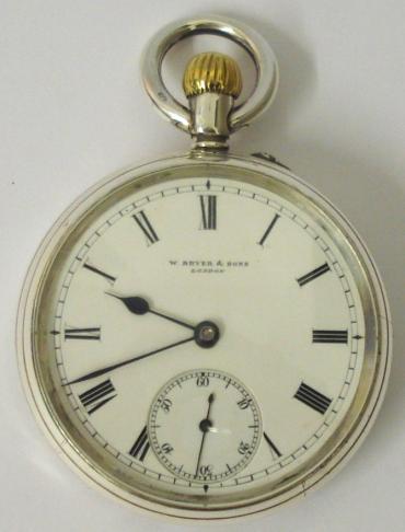 English silver cased open face pocket watch by W.Bryer & Sons of London, hallmarked for 1908. White enamel dial with black roman hours, blued steel hands and subsidiary seconds dial. Top wind and rocking bar time change three quarter plate jewelled lever movement with split bi-metallic balance and over coil hair spring and numbered #22136.