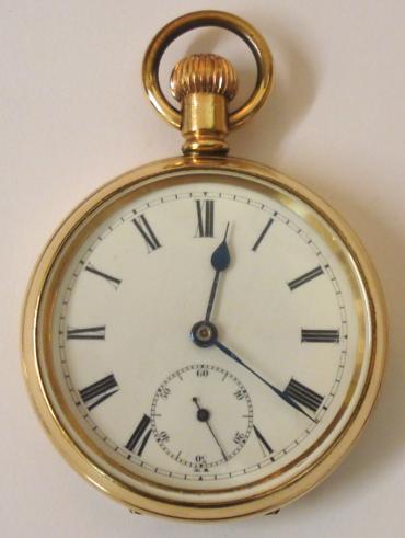 Unsigned English gold plated pocket watch in a Dennison 'Star' case. White enamel dial with black roman hours and blued steel hands with a subsidiary seconds dial. Jewelled lever movement with split bi-metallic balance and overcoil hair spring and stamped 'Made in England' and numbered #829487 with case number #190041.
