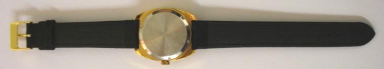 German Lorsa manual wind wrist watch in a gold plated case with stainless steel back, on a black leather strap with gilt buckle. Silvered dial with gilt and black hour markers and matching hands with sweep seconds and date display at 3 o/c. 17 jewel incabloc movement with screw on case back marked for retailer F.HINDS.