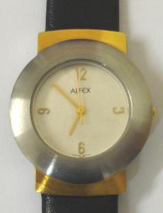 Modern quartz Swiss made wrist watch by Alfex. Brushed stainless steel and gilt case water resistant to 30 metres with a polished stainless steel back and on an original Alfex black leather strap. Silvered dial with gilt quartered hour markers and matching hands with gilt seconds hand. 