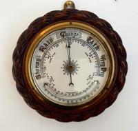 English Circular Dark Wood Aneroid Barometer