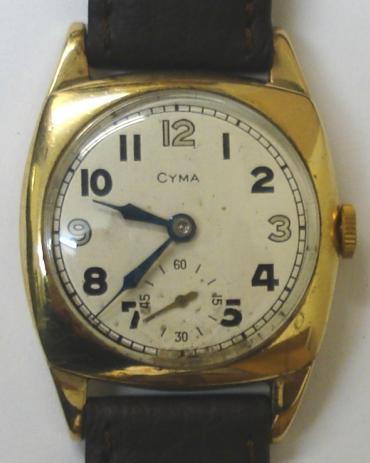 Gents Cyma manual wind wrist watch in a 9ct gold case with Glasgow import hallmark for 1936, on a black leather strap with gilt buckle. Silvered dial with Arabic silvered or black hour markers and blued steel hands with a subsidiary seconds dial. Swiss made Cyma signed 15 jewel movement, numbered #944951.