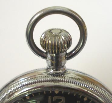 American Waltham Premier 16s WW2 military pocket watch. Black enamel dial with luminous Arabic hours with matching hands and subsidiary seconds dial at 6 o/c. Base metal case with screw on front and back with 9 jewel overcoil hairspring jewelled lever movement dating from c1942, adjusted for temperature and 3 positions and numbered #31271402. The case back is inscribed Keystone 731519 and bears a broad arrow mark numbered 1520.