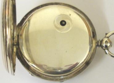 English jewelled lever silver cased key wound fusee pocket watch with London hallmark for 1865. White enamel dial with black Roman hours and blued steel hands with subsidiary seconds dial. Floral engraved cock piece with back plate numbered #3505 and gem set end stone, maker unknown.
