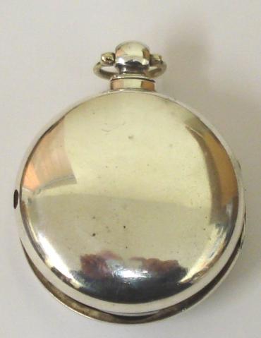 English silver pair case key wound verge fusee pocket watch by Joshua Palmerter of Stifford, hallmarked throughout for London c1829. Bull's eye glass over white enamel dial with black Roman hours and gilt spade and shaft hands. Engraved, signed and dated back plate numbered #12050 with ornately decorated cock piece with face caricature and floral swags.