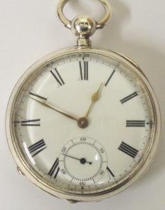 American Waltham silver cased lever pocket watch with Birmingham hallmark for 1881, case numbered #31957. Key wind and time change with white enamel dial and black Roman hours with gilt spear and shaft hands and subsidiary seconds dial. Back plate signed and numbered #1.762014 with engraved cock piece and jewelled end stone.