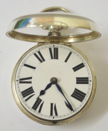 English silver pair case key wound fusee pocket watch maker unknown hallmarked throughout for London c1883. Domed glass over white enamel dial with black Roman hours and blued steel hands. Engraved, jewelled cock piece with back plate and inner case numbered #52778 with initials W.J also applied to the inner case.