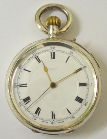 Swiss silver cased pocket watch with London import hallmark for 1919 retailed by John Russell, London. Top wind and rocking bar time change with white enamel dial and black Roman hours with gilt hands and blued sweep seconds hand. Unsigned 3/4 plate jewelled lever movement with chronograph style stop button at 2 o/c, case numbered #59833.