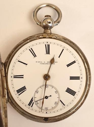 English silver cased pocket watch manufactured by Newsome and Co. and retailed by Ezra L.Feldman of Cheltenham. Key wind and time change with white enamel dial and black Roman hours with gilt spear and shaft hands and subsidiary seconds dial, the silver case hallmarked for London circa 1888. Fusee movement with floral decorated cock piece and jewelled end stone signed for Ezra Feldman and stamped for Newsome and Co. beneath the dial plate with #98303 numbering throughout.