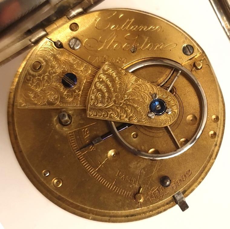English silver cased fusee pocket watch by Cattaneo of Stockton. Key wind and time change with silver dial with engine turning and applied gold floral decoration. Gilt Roman hours with blued steel hands and subsidiary seconds dial, the silver case hallmarked for London circa 1856. Signed fusee movement with floral decorated cock piece and diamond end stone and numbered #1180 with a secondary numbering of #6992. This number is repeated with the case hallmarks which also bear a personal ownership wriggle-work inscription dated 1897.