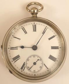 Plain nickel cased pocket watch late c19th, maker unknown. Key wind and time change with white enamel dial and black Roman hours with blued steel hands and a subsidiary seconds dial. Undecorated full plate movement with cut bi-metallic balance and jewelled lever escapement in a nickel case numbered #8927.