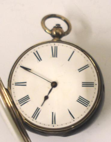 Unusual novelty English silver and wooden cased open face pocket watch. 30 hour movement with cylinder escapement in going condition.