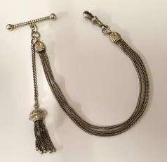 Victorian silver watch chain with 'T' bar, snap and decorative tassel  8" - 14 grams.