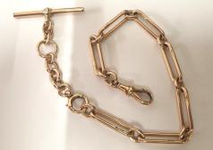 victorian 9ct rose gold watch chain with 't' bar and snap  10" - 23 grams