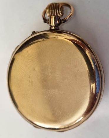 Swiss 9ct gold cased doctor's style pocket watch bearing a London import hallmark for c1914. Top wind and pin set rocking bar time change with a 'stop seconds' slide control and white enamel 1/5 of a second recording dial with black Roman hours gilt hands and blued sweep seconds hand. Swiss 3/4 plate jewelled lever movement unsigned but with case back by 'GS' and numbered 63106.