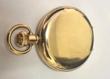 Swiss Vertex full hunter pocket watch circa 1930 in a gold plated Dennison Star case numbered 320276. Top wind and time change with plain outer case over a signed white enamel dial with black Roman hours and blued steel hands with a subsidiary seconds dial at 6 o/c. Signed Swiss 15 jewel jewelled lever calibre 31 movement with overcoil hairspring and split bi-metallic balance.