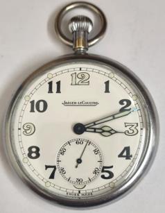 Swiss Jaeger leCoultre chrome plated cased ex-military pocket watch c1940 with top wind and time change. Signed white enamel dial with part luminous Arabic hours with blued steel luminous insert hands and subsidiary seconds dial at 6 o'clock. Signed Swiss 17 jewel jewelled lever calibre 467/2 movement with the case back externally marked '6E/50 A17747' and internally numbered 250365.