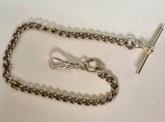 Silver ungraduated watch chain with 'T' bar and snap  9" - 12 grams